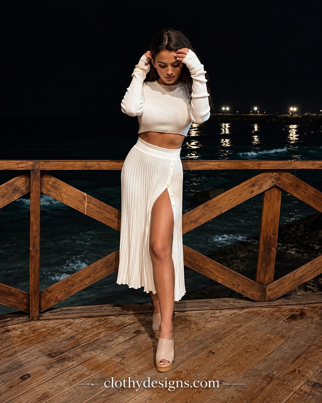 Solid Cropped Sweater & Split Midi Skirt Set – Women’s Button-Up Two-Piece Winter Outfit